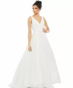 Ieena For Mac Duggal White Layered Tulle Chiffon Ball Gown