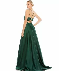 Ieena For Mac Duggal Satin Strappy-Back High Slit Gown