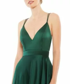 Ieena For Mac Duggal Satin Strappy-Back High Slit Gown