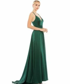 Ieena For Mac Duggal Satin Strappy-Back High Slit Gown