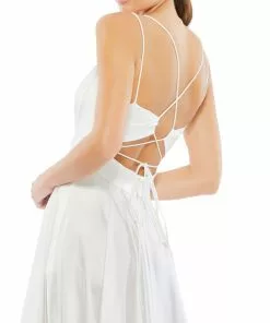 Ieena For Mac Duggal Satin Strappy-Back High Slit Gown