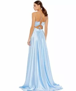 Ieena For Mac Duggal Satin Strappy-Back High Slit Gown