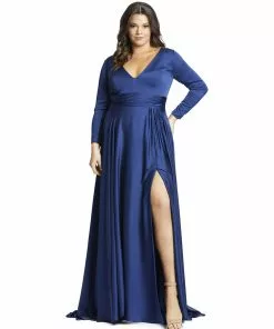 Mac Duggal Classic Satin Long Sleeve Evening Gown (Plus)
