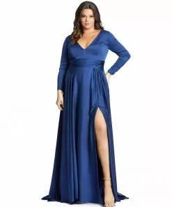 Mac Duggal Classic Satin Long Sleeve Evening Gown (Plus)