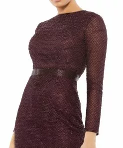 Mac Duggal Long Sleeve Lattice Beaded Midi Cocktail Dress