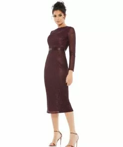Mac Duggal Long Sleeve Lattice Beaded Midi Cocktail Dress