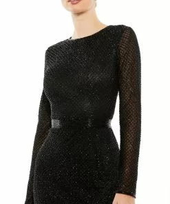 Mac Duggal Long Sleeve Lattice Beaded Midi Cocktail Dress
