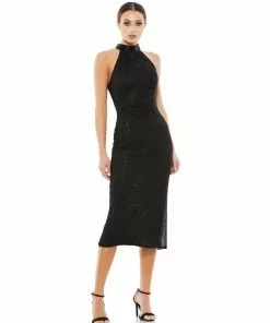 Mac Duggal Beaded High Neck Halter Midi Cocktail Dress Shop For