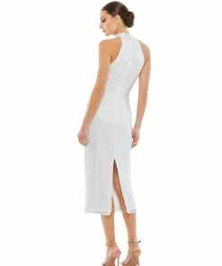 Mac Duggal Beaded High Neck Halter Midi Cocktail Dress Shop For