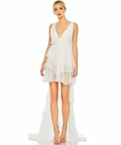 Ieena For Mac Duggal Shop For Plunge Neck Ruffled Hi-Low Chiffon Gown