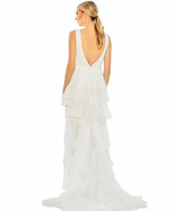 Ieena For Mac Duggal Shop For Plunge Neck Ruffled Hi-Low Chiffon Gown