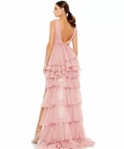 Ieena For Mac Duggal Shop For Plunge Neck Ruffled Hi-Low Chiffon Gown