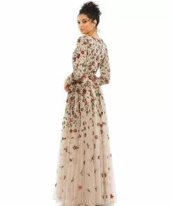 Mac Duggal Shop For Floral Appliqué Long Sleeve Illusion Gown