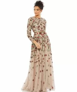 Mac Duggal Shop For Floral Appliqué Long Sleeve Illusion Gown