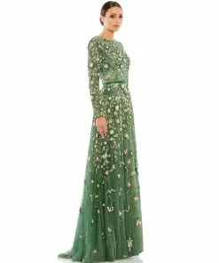 Mac Duggal Shop For Floral Appliqué Long Sleeve Illusion Gown