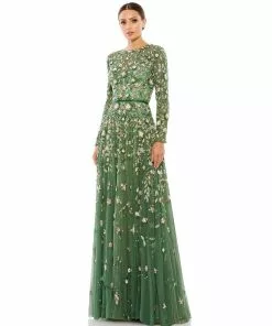 Mac Duggal Shop For Floral Appliqué Long Sleeve Illusion Gown
