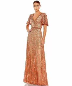 Mac Duggal Embellished V Neck Butterfly Sleeve Column Gown Shop For