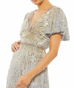 Mac Duggal Embellished V Neck Butterfly Sleeve Column Gown Shop For