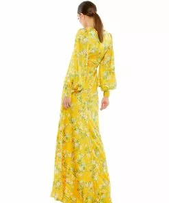 Ieena For Mac Duggal Floral Bishop Long Sleeve V Neck Gown Shop For