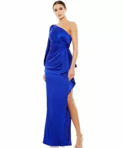 Ieena For Mac Duggal One Shoulder Bishop Sleeve Gown
