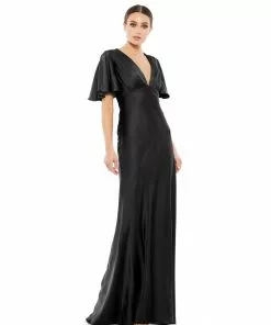 Ieena For Mac Duggal Flounce V-Neck Charmeuse Gown