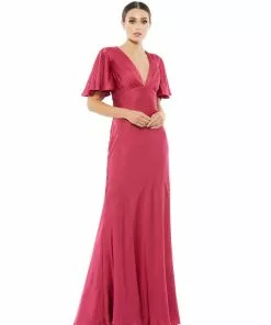Ieena For Mac Duggal Flounce V-Neck Charmeuse Gown