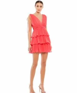 Ieena For Mac Duggal Pleated V Neck Tiered Ruffle Mini Dress