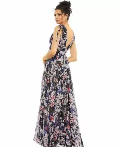 Ieena For Mac Duggal Floral Tie Shoulder V-Neck Maxi Dress