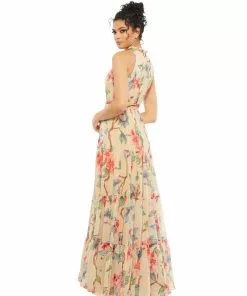 Ieena For Mac Duggal Floral Button High Neck Maxi Dress