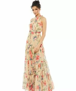 Ieena For Mac Duggal Floral Button High Neck Maxi Dress