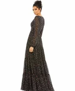Ieena For Mac Duggal Floral Tiered Long Sleeve Maxi Dress