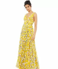 Ieena For Mac Duggal Floral Plunge V-Neck Gown