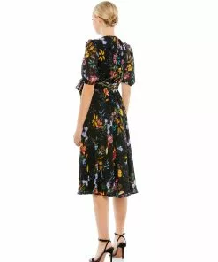 Ieena For Mac Duggal Floral Pattern High Neck Belted Midi Dress Shop For