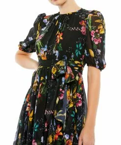 Ieena For Mac Duggal Floral Pattern High Neck Belted Midi Dress Shop For