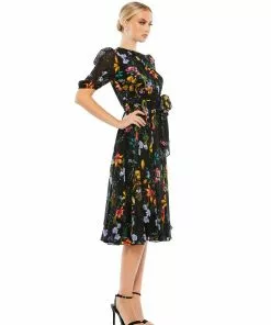 Ieena For Mac Duggal Floral Pattern High Neck Belted Midi Dress Shop For