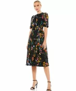 Ieena For Mac Duggal Floral Pattern High Neck Belted Midi Dress Shop For