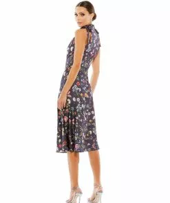 Ieena For Mac Duggal Floral Print Tie Neck Midi Dress Wedding Guest