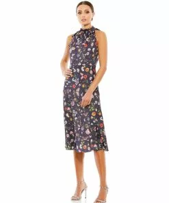 Ieena For Mac Duggal Floral Print Tie Neck Midi Dress Wedding Guest