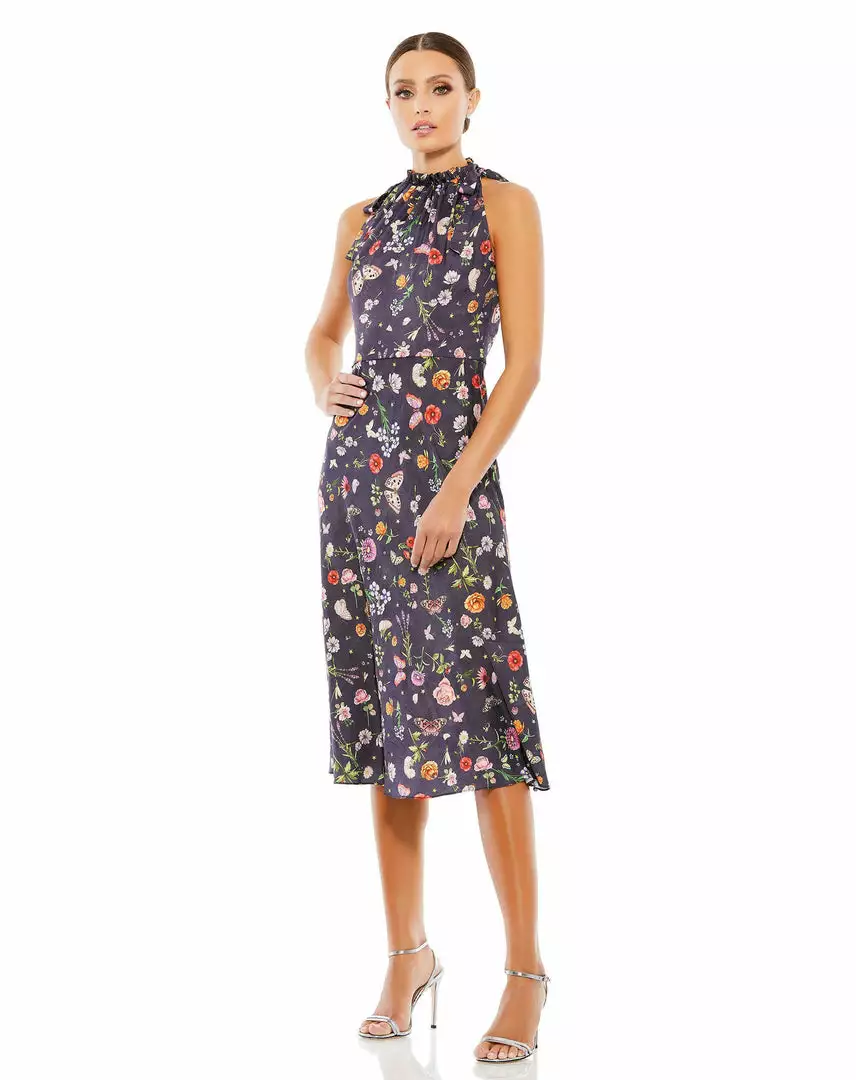 Ieena For Mac Duggal Floral Print Tie Neck Midi Dress Wedding Guest 1 Ieena For Mac Duggal Floral Print Tie Neck Midi Dress Wedding Guest
