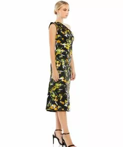 Ieena For Mac Duggal Floral Print Draped One Shoulder Midi Dress