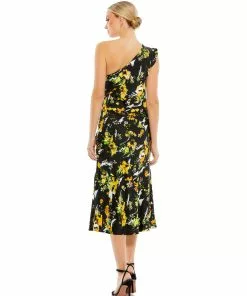 Ieena For Mac Duggal Floral Print Draped One Shoulder Midi Dress