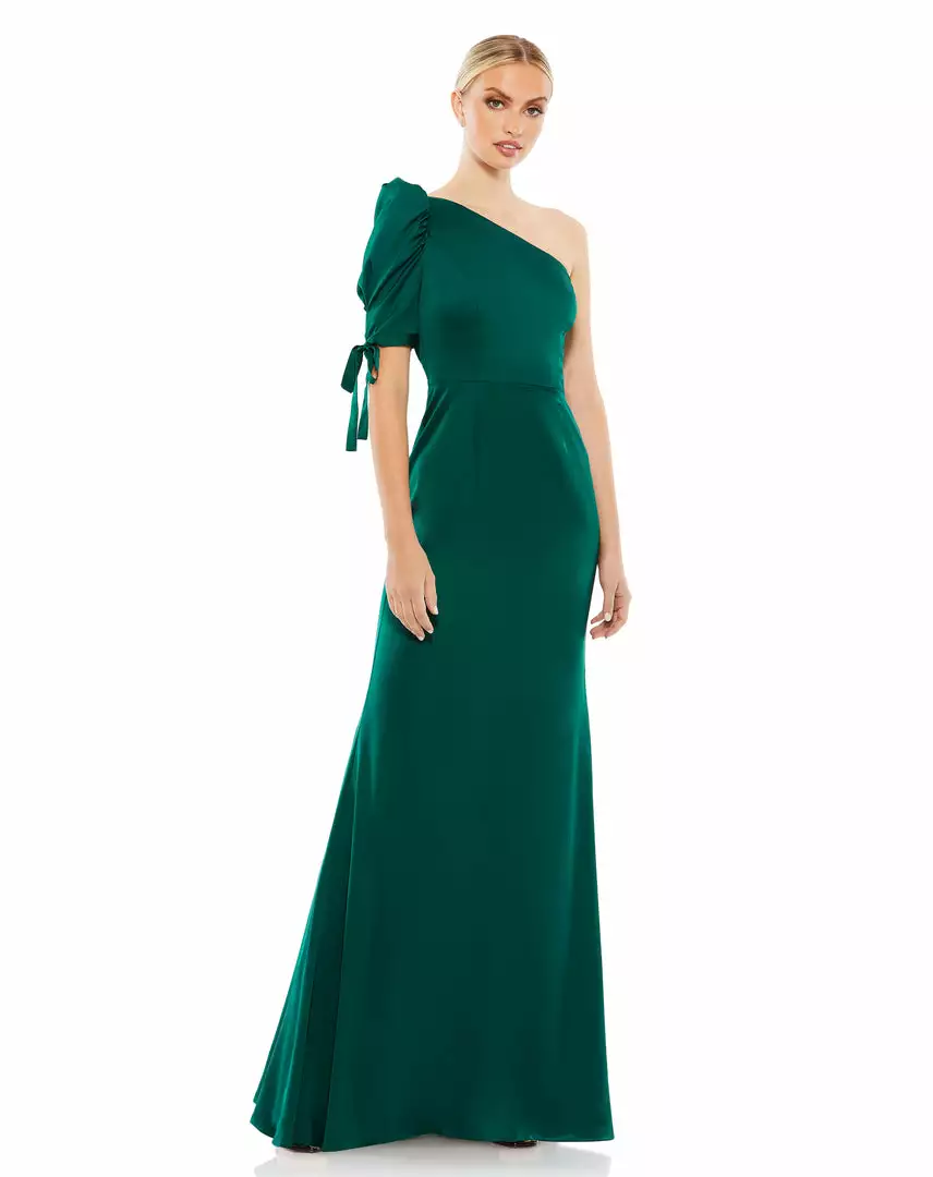 Ieena For Mac Duggal Satin One Shoulder Puff Sleeve Trumpet Gown 1 Ieena For Mac Duggal Satin One Shoulder Puff Sleeve Trumpet Gown