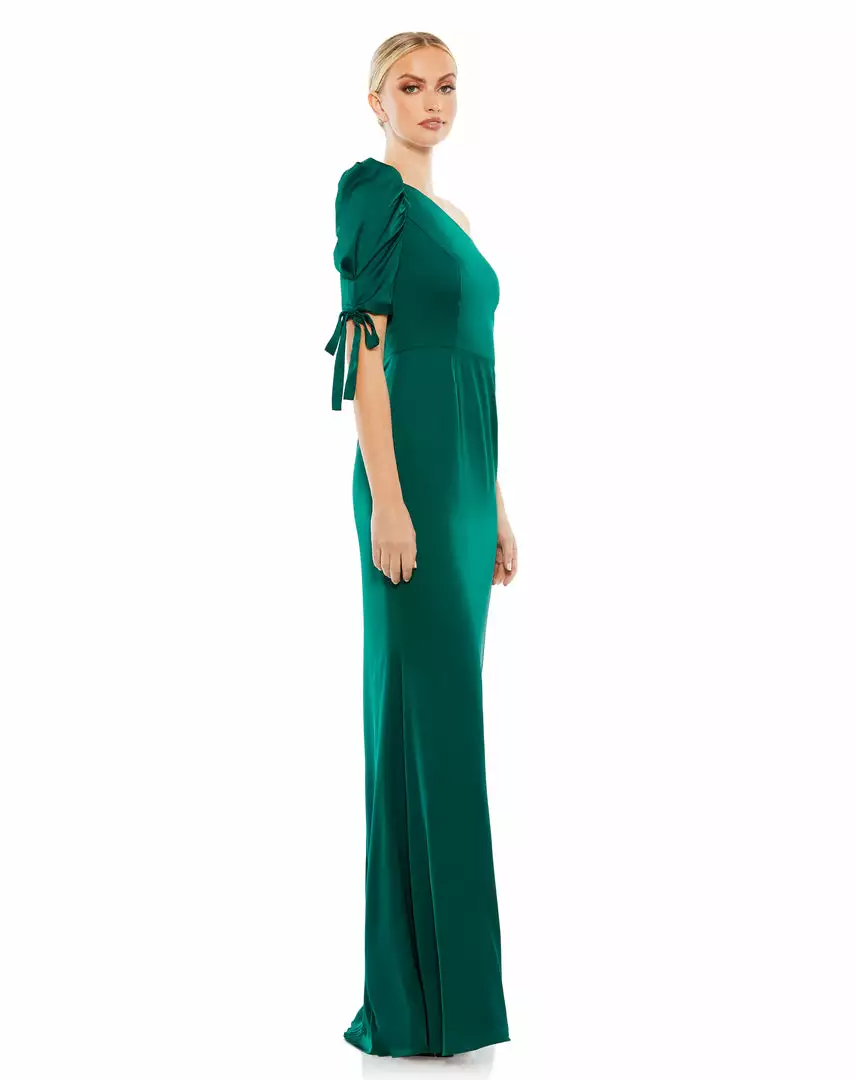 Ieena For Mac Duggal Satin One Shoulder Puff Sleeve Trumpet Gown 2 Ieena For Mac Duggal Satin One Shoulder Puff Sleeve Trumpet Gown