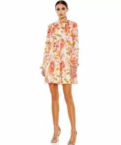 Ieena For Mac Duggal Floral Print High Neck Tie Puff Sleeve Flowy Mini Dress