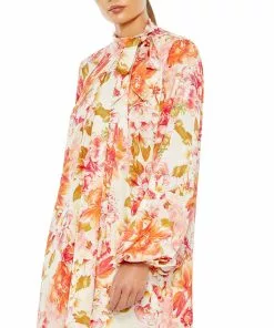 Ieena For Mac Duggal Floral Print High Neck Tie Puff Sleeve Flowy Mini Dress
