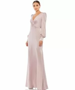 Ieena For Mac Duggal Satin Ruched Bishop Sleeve Gown Shop For