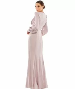 Ieena For Mac Duggal Satin Ruched Bishop Sleeve Gown Shop For