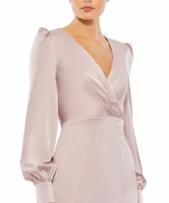 Ieena For Mac Duggal Satin Ruched Bishop Sleeve Gown Shop For