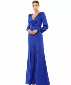 Ieena For Mac Duggal Satin Ruched Bishop Sleeve Gown Shop For