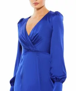 Ieena For Mac Duggal Satin Ruched Bishop Sleeve Gown Shop For